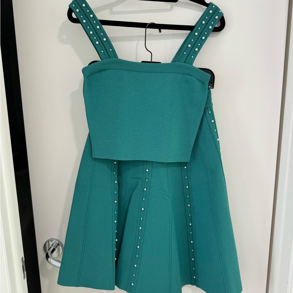 Faux-pearl Embellished Knit Top and skirt set In turquoise